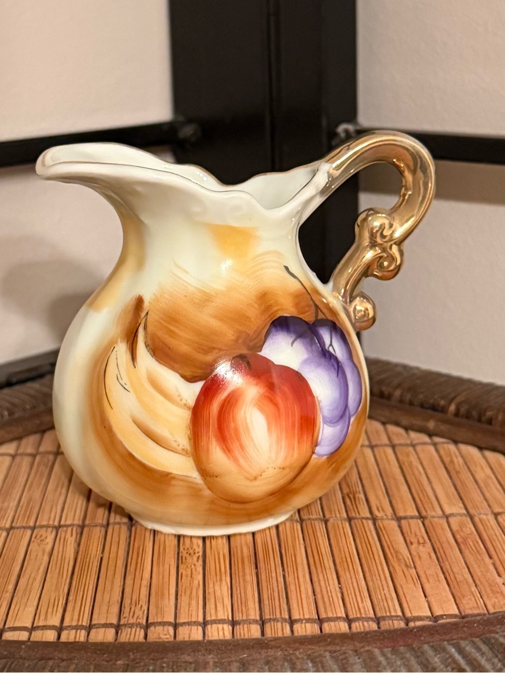 Vintage Japan Mini Porcelain Pitcher Hand Painted Fruit Gold Trim
